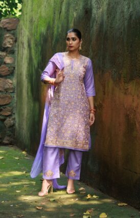 Pantalms Crafts Cotton Aari Embroidered Solid Women's 3 PC Long Kurta Set - Purple