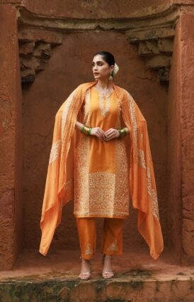 Pantalms Crafts Cotton Aari Embroidered Solid Women's 3 PC Long Kurta Set - Mustard