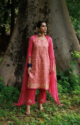 Pantalms Crafts Cotton Aari Embroidered Solid Women's 3 PC Long Kurta Set - Pink