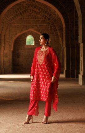 Pantalms Crafts Cotton Aari Embroidered Solid Women's 3 PC Long Kurta Set - Red