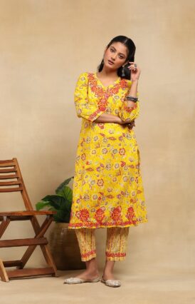 Cotton  Printed Women's 2 PC Long Kurta Set - Yellow