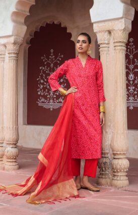 Pantalms Crafts Glazed Cotton Hand Block Printed with Hand Embroidery Women's 3 PC Long Kurta Set with dupatta - Maroon