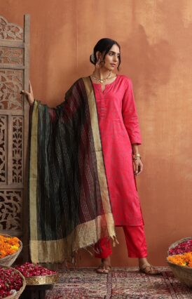 Pantalms Crafts Glazed Cotton Hand Block Printed with Hand Embroidery Women's 3 PC Long Kurta Set with dupatta - Pink