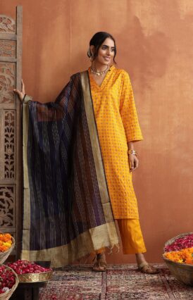 Pantalms Crafts Glazed Cotton Hand Block Printed with Hand Embroidery Women's 3 PC Long Kurta Set with dupatta- Mustard