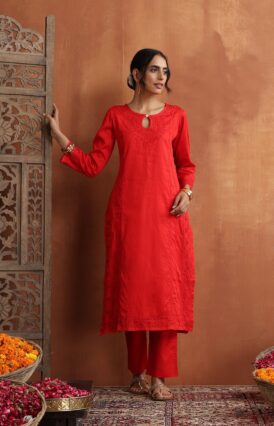 Jaam Silk  Solid Women's 2 PC Long Kurta Set - Red