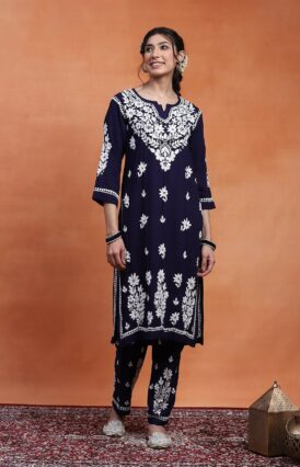 Rayon  Solid Women's 2PC Long Kurta Set  - Navy Blue