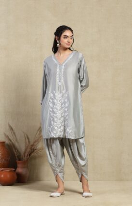 Chanderi  Solid Women's 2PC Dhoti Kurta Set -Grey