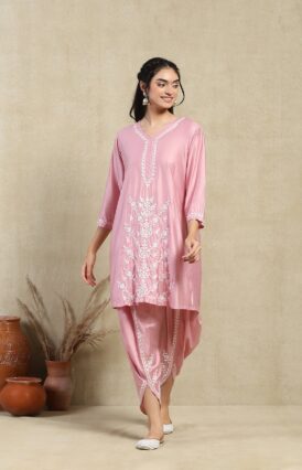 Chanderi  Solid Women's 2PC Dhoti Kurta Set -Pink