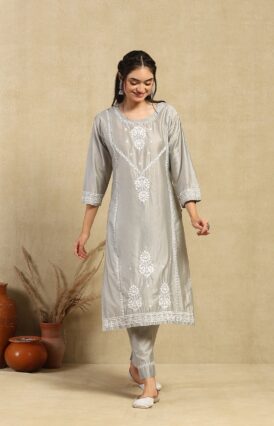 Chanderi  Solid Women's 2PC Long Kurta Set -Grey