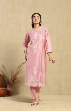 Chanderi  Solid Women's 2PC Long Kurta Set -Pink