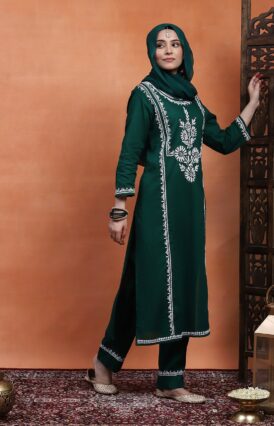 Cotton  Solid Women's 2PC Long Kurta Set  - Green