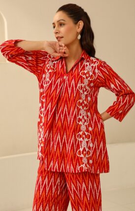 Cotton  Printed Women's 2 PC Co-ord Set - Red