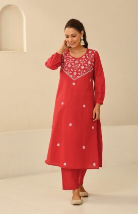 Cotton  Solid Women's 2 PC Long Kurta Set - Red