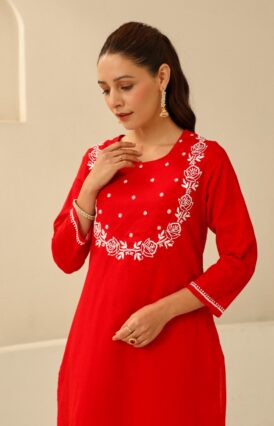 Cotton  Solid Women's 2 PC Long Kurta Set - Red