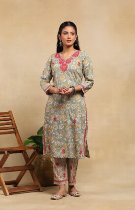 Cotton  Printed Women's 2 PC Long Kurta Set - Grey