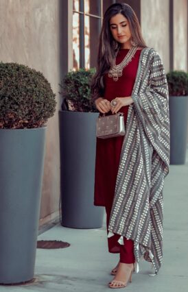 Maroon Salwar Kurta Set with Grey Dupatta