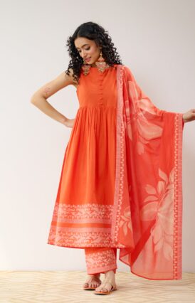 Daisy Cotton Kurta Set with Dupatta - Orange