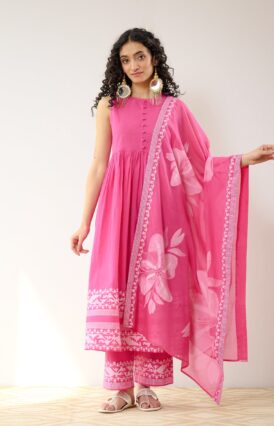 Daisy Cotton Kurta Set with Dupatta - Pink
