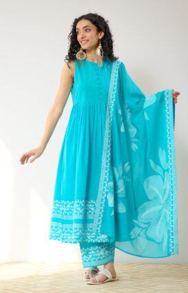 Daisy Cotton Kurta Set with Dupatta - Aqua Blue