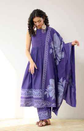 Daisy Cotton Kurta Set with Dupatta - Violet