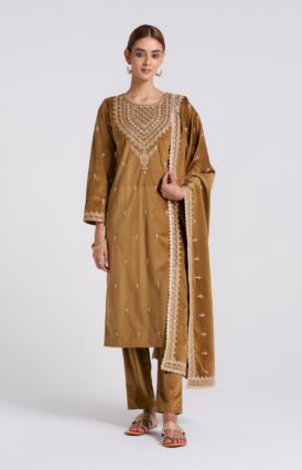 Brown Ochre Embroidered Gulzaar Velvet Set with Dupatta