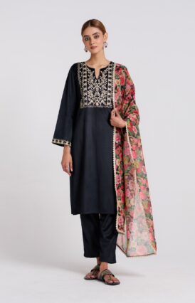 Black Embroidered Phulwari Velvet Set with Dupatta