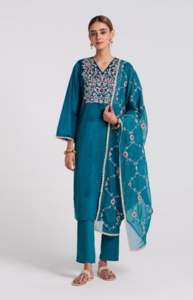 Teal Embroidered Gulzaar Velvet Set with Dupatta
