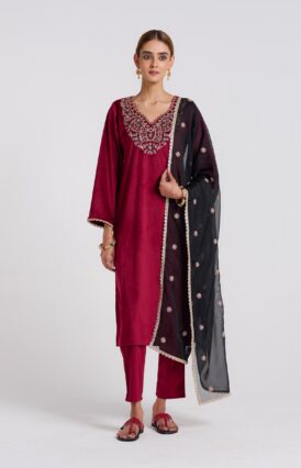 Maroon Blue Embroidered Amara Velvet Kurta Set with Dupatta