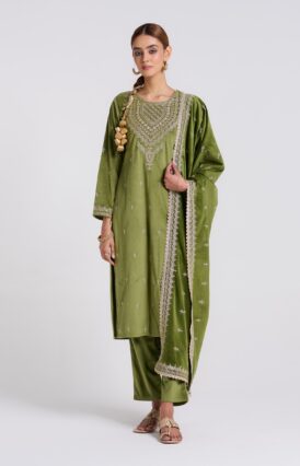 Olive Embroidered Gulzaar Velvet Set with Dupatta