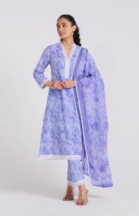 Lavender Pure Cotton Kurta Set with Dupatta and Lace Detail