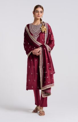 Maroon Embroidered Makhmali Velvet Set with Dupatta