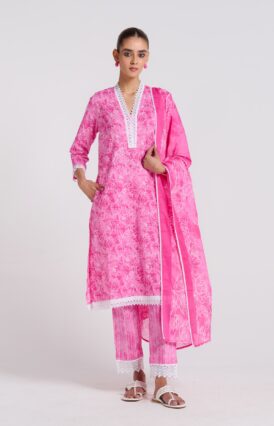 Pink Pure Cotton Kurta Set with Dupatta and Lace Detail