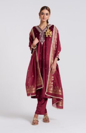 Maroon Varak Embroidered Velvet Set with Brocade Dupatta