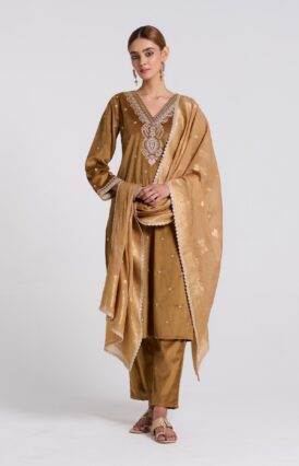 Brown Ochre Varak Embroidered Velvet Set with Brocade Dupatta