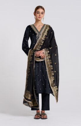 Black Varak Embroidered Velvet Set with Brocade Dupatta