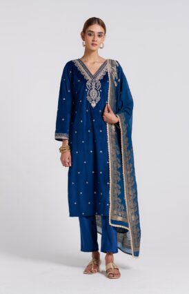Royal Blue Varak Embroidered Velvet Set with Brocade Dupatta