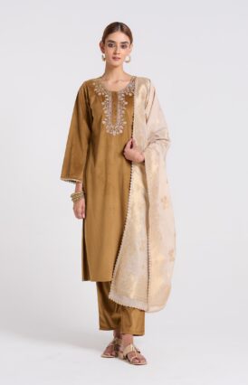 Brown Ochre Embroidered Noor Velvet Set with Brocade Dupatta