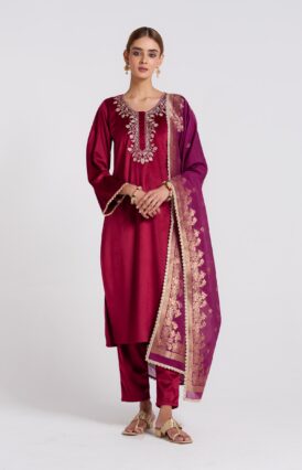 Maroon Embroidered Noor Velvet Set with Brocade Dupatta