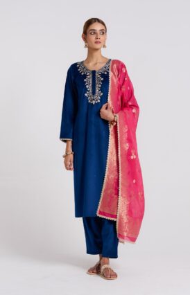 Navy Embroidered Noor Velvet Set with Brocade Dupatta