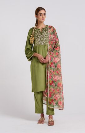 Olive Embroidered Phulwari Velvet Set with Dupatta