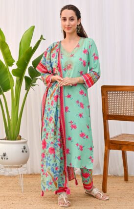 Mint Green Lotus Printed Salwar Kurta Set with Dupatta & Neck Embroidery Detail