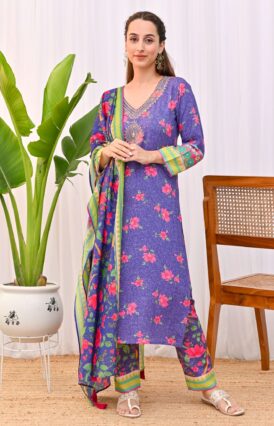 Violet Lotus Printed Salwar Kurta Set with Dupatta & Neck Embroidery Detail
