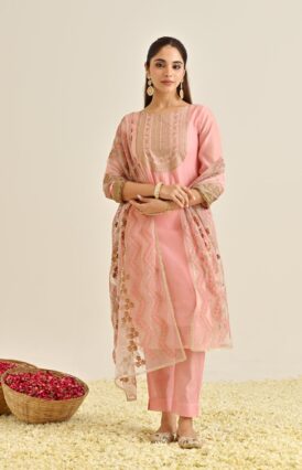 Pink Festive Embroidered Kurta Set with Embroidered Dupatta & Yoke Detail