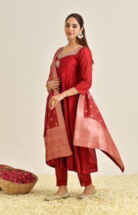 Red Festive Anarkali Set with Brocade Dupatta
