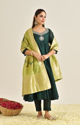 Emerald Green Festive Anarkali Set with Brocade Dupatta