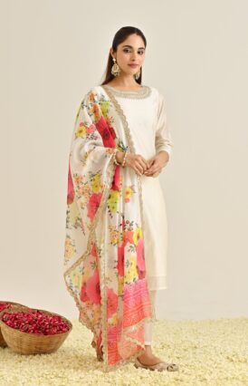 Off White Festive Embroidered Kurta Set with Printed Dupatta & Round Yoke Detail