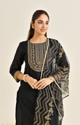 Black Festive Embroidered Kurta Set with Embroidered Dupatta & Yoke Detail