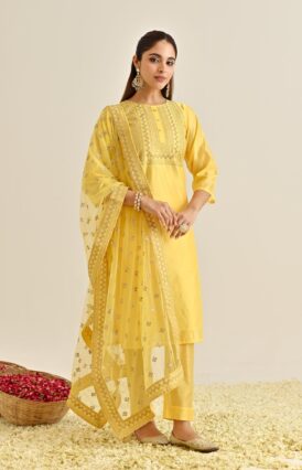 Yellow Festive Embroidered Kurta Set with Embroidered Dupatta