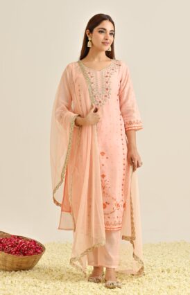 Peach Floral Straight Kurta Set with Yoke Embroidery & Dupatta