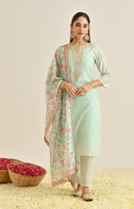 Mint Straight Festive Kurta Set with Printed Dupatta & Yoke Detail